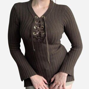 Olive green lace-up long sleeve top with bell sleeves